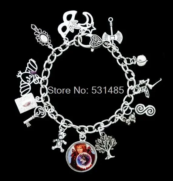 6pcs Silver Tone Labyrinth Themed Key Owl Dog Axe Charm Bracelet