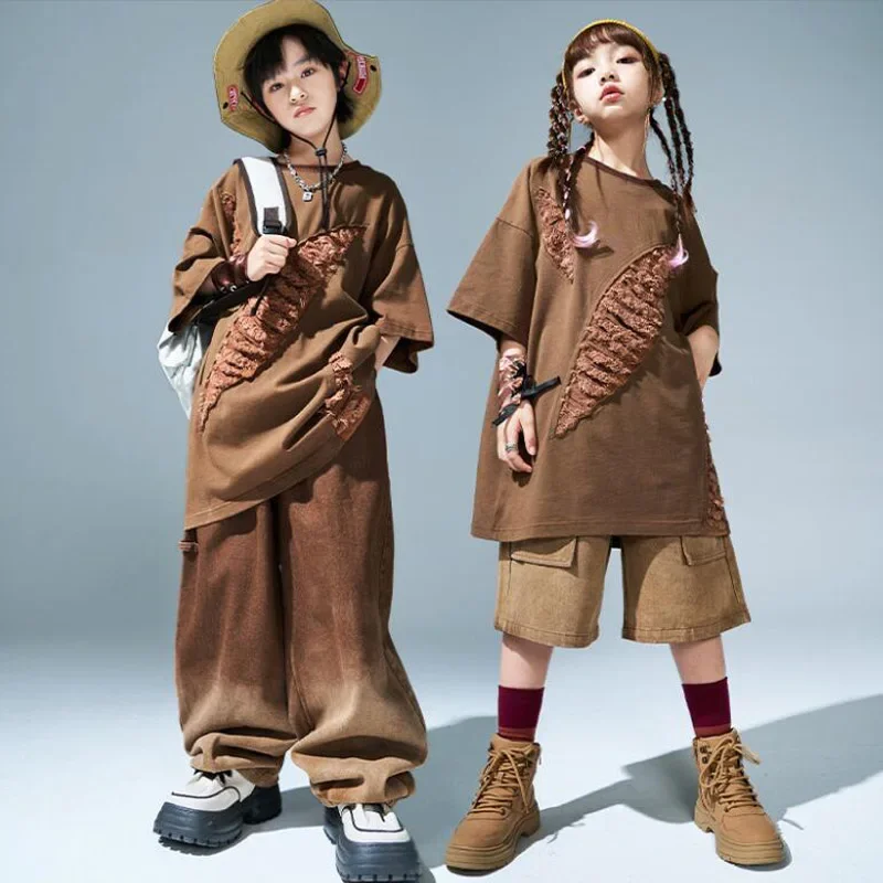 Hip Hop Girls Boys T-shirt Street Dance Loose Cago Pants Shorts Child Solid Showing Clothes Sets Kids Stagewear Jazz Costume