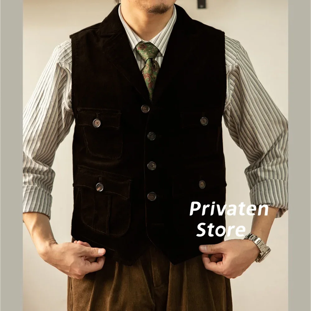 سترات للرجل الدعاوى محززة التلبيب سترة فساتين الحفلات سترة مع جيوب Steampunk رجل الرجال صدرية دعوى الذكور