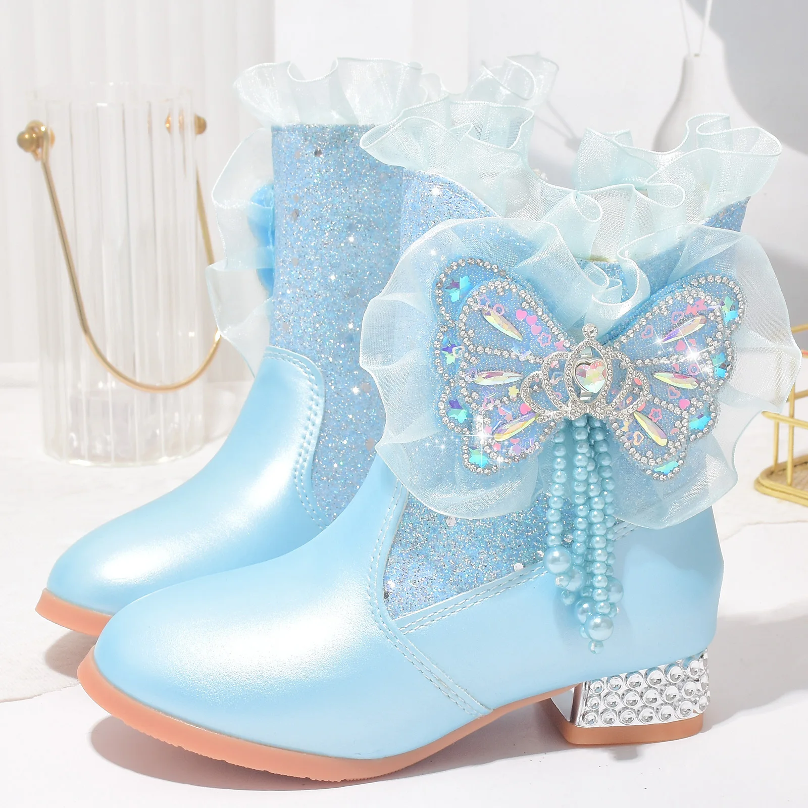 Children's Warm Ankle Boots Autumn Winter Kids Princess High Heels Add Velvet Crystal Booties Baby Girl Exquisite Christmas Gift