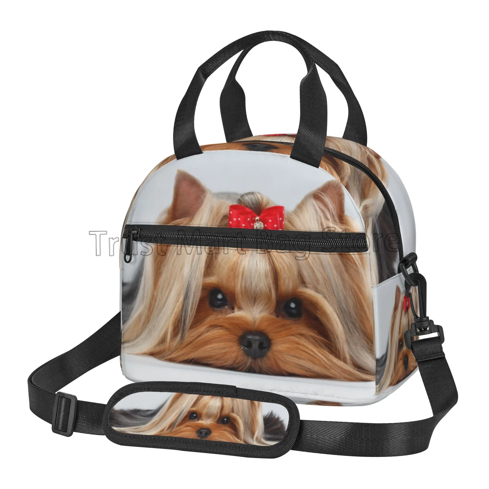 Cute Ribbon Yorkie Reusable Lunch Bag Insulated Lunch Box Tote with Adjustable Strap Leakproof Bento Bags for Work Picnic Beach