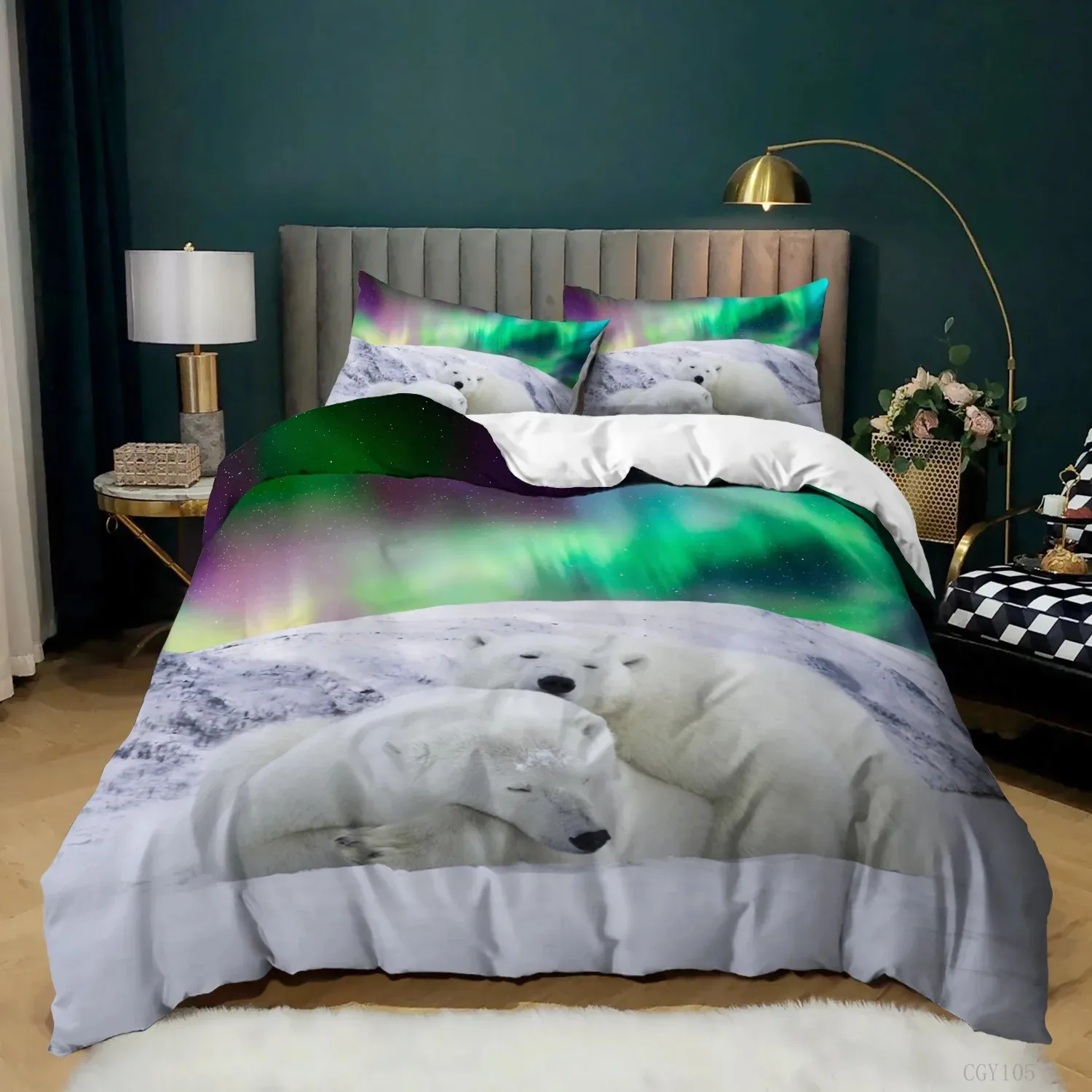 Aurora Borealis polyester Duvet Cover Set Tree Under Magnetic Field of Nature with Northern Lights Landscape Picture King Size