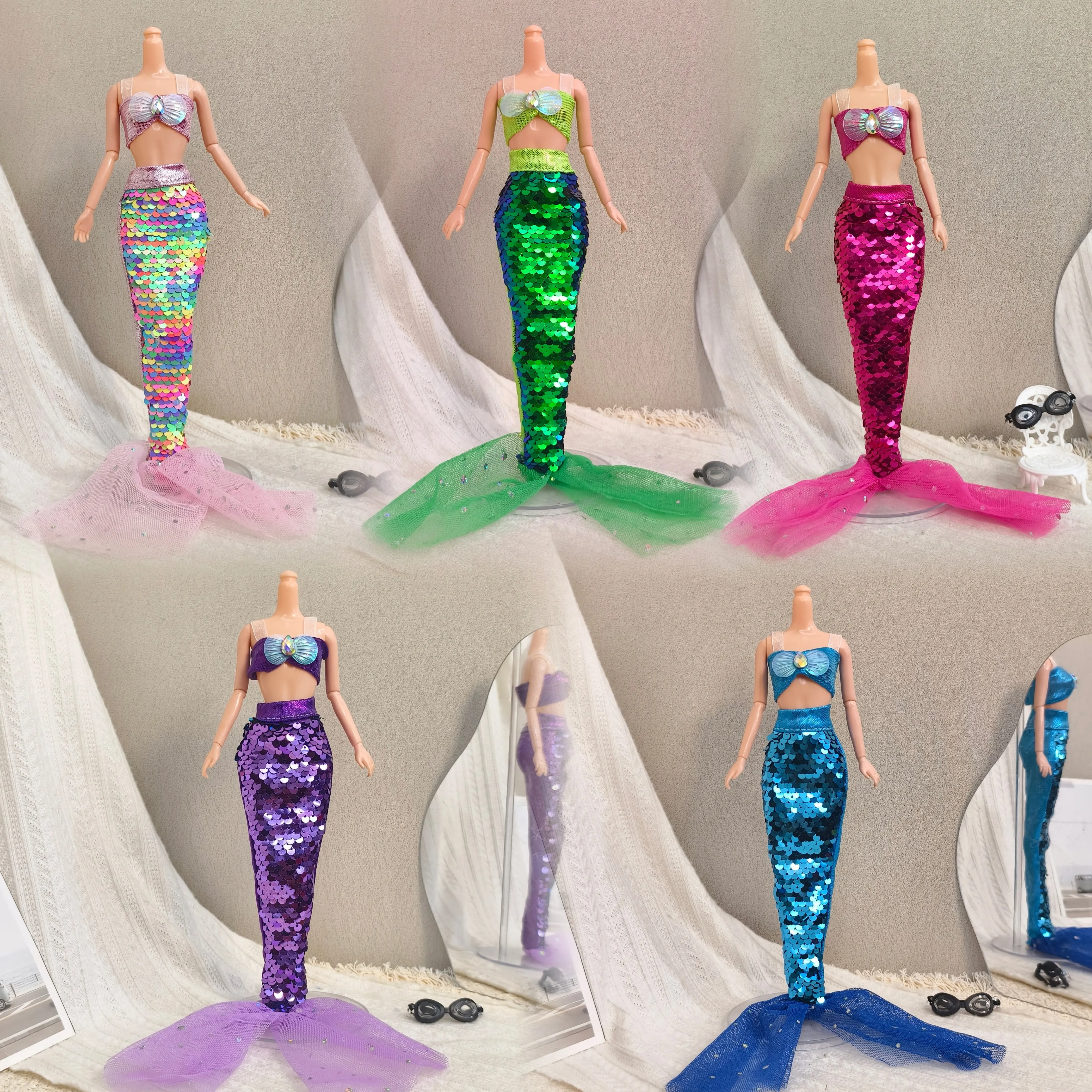 Exquisite Mermaid Fishtail Skirt Fashion Sequinned Shell Vest+Half Skirt Set For 1/6 Babi Xianxian Supermodel Doll Clothes Parts