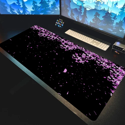 Alfombrilla de escritorio Kawaii con flores moradas, alfombrilla de ratón negra Sakura para juegos, alfombra de oficina con flor de cerezo, alfombrilla para ratón de 1200x600mm, alfombrilla para ordenador para Gamer