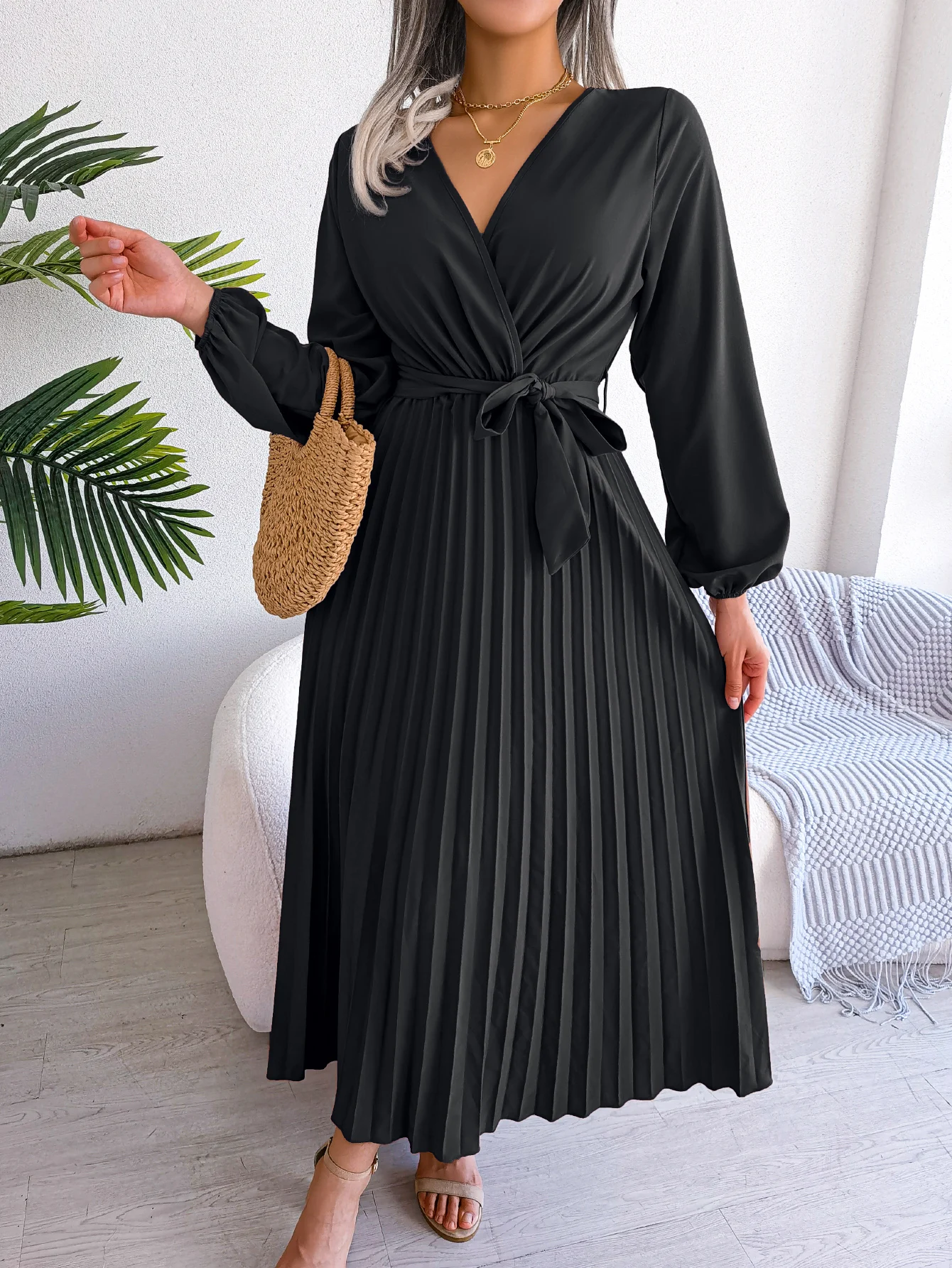 New Elegant Surplice Neck Waist Belt Long Sleeve Solid Pleated Maxi Dress For Women