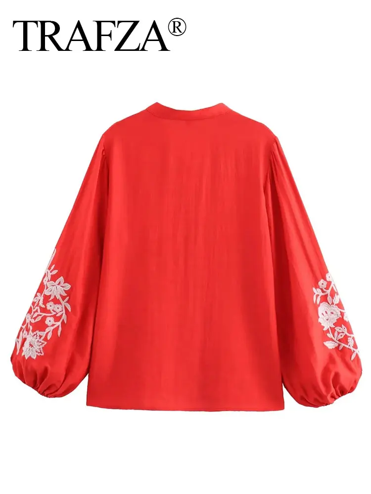 TRAFZA Women Fashion Floral Embroidered Blouse Loose Casual V Neck Long Sleeve Shirt 2024 Female Streetwear Red Shirts Top TRAF