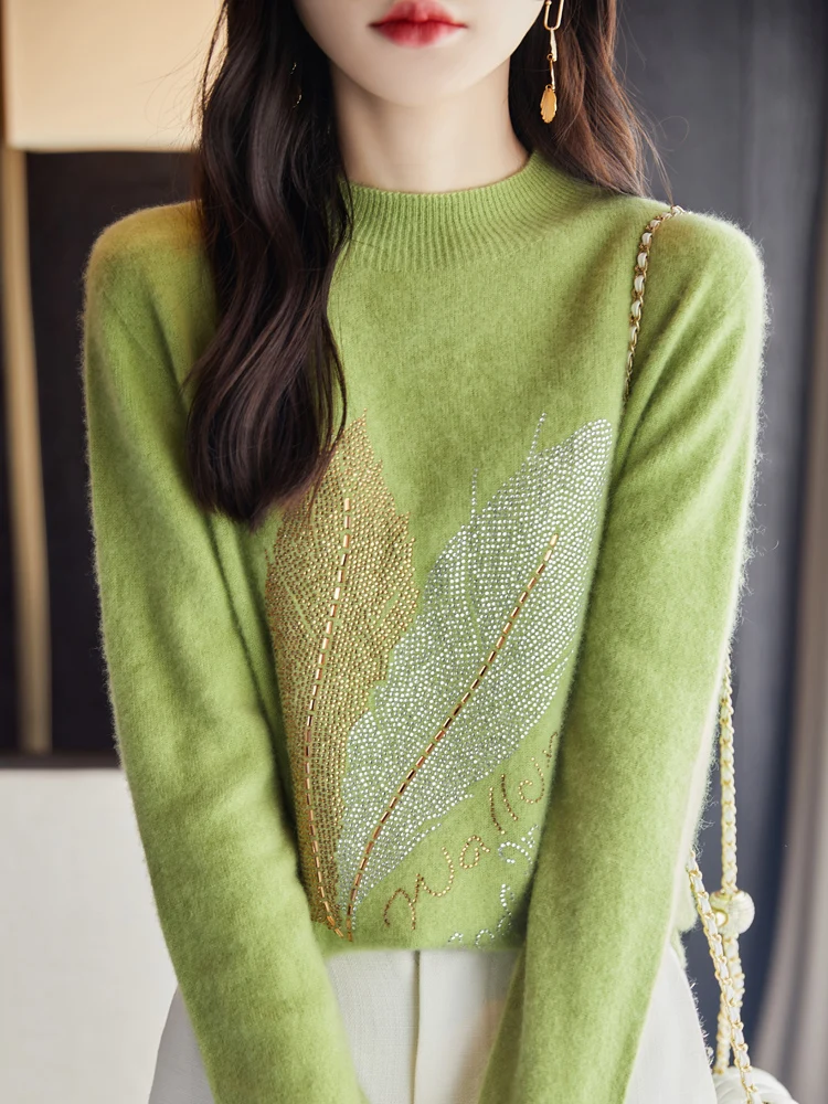 100% Merino Wool Women's Round Neck Knitted Spring Autumn First-line Ready Wear Rhinestone Cashmere Sweater