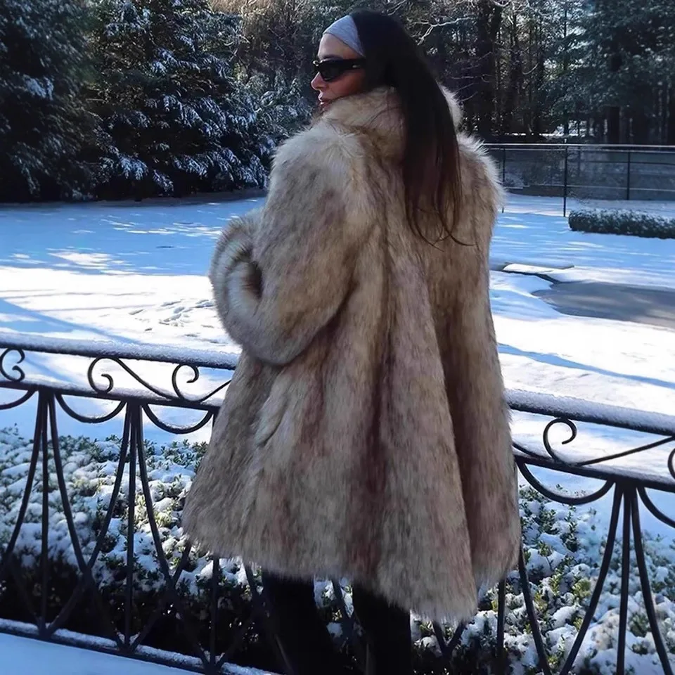 الفاخرة الشتاء المرأة فو الثعلب معطف الفرو التدرج موضة كم طويل التلبيب سيدة سترات من الفرو الدافئة شارع العليا السيدات معطف الفرو البيئي