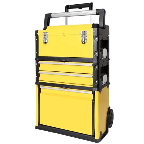 Stackable Rolling Tool Box Portable Metal Toolbox Organizer with Wheels and 2 Drawers Separate Rolling Upright Trolley