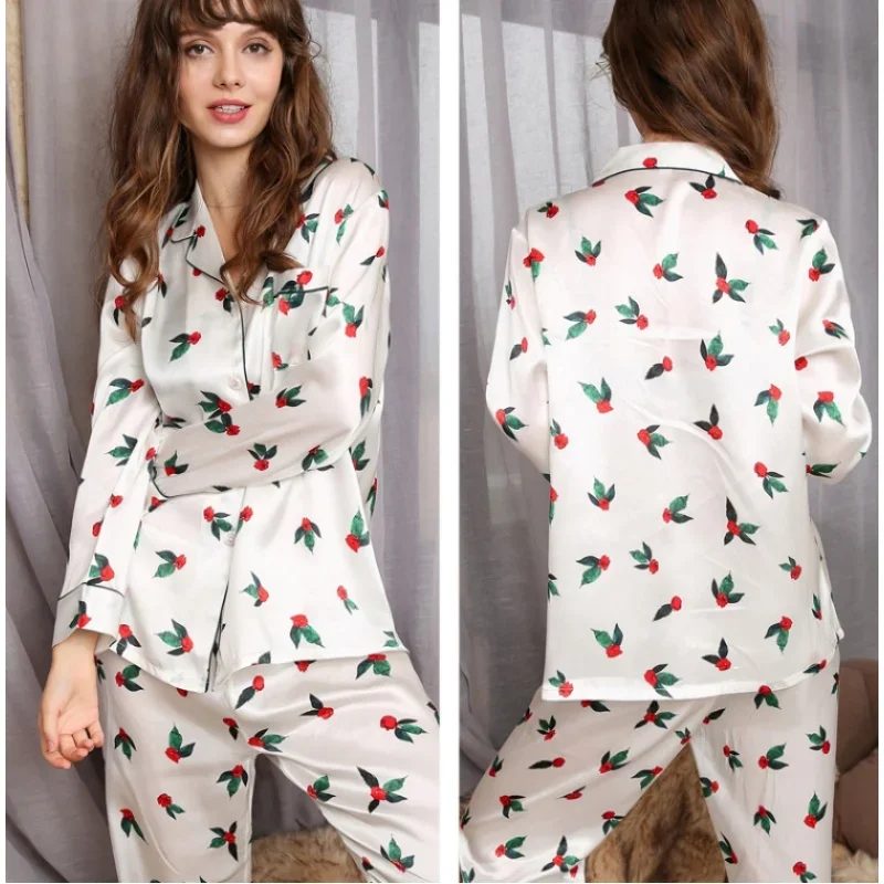 Printed 100% Mulberry Silk Cute Women Pajamas Long Sleeve Top & Pants Two-piece Pajama Set Casual Soft Outfit Cardigan Sleepwear