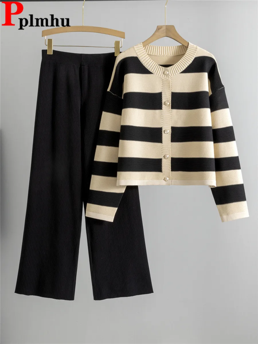 

Spring Fall Chic Knitted 2 Piece Sets Korean Striped Short Sweater Cardigan Tops Conjuntos High Waist Wide Leg Pants Outfit New