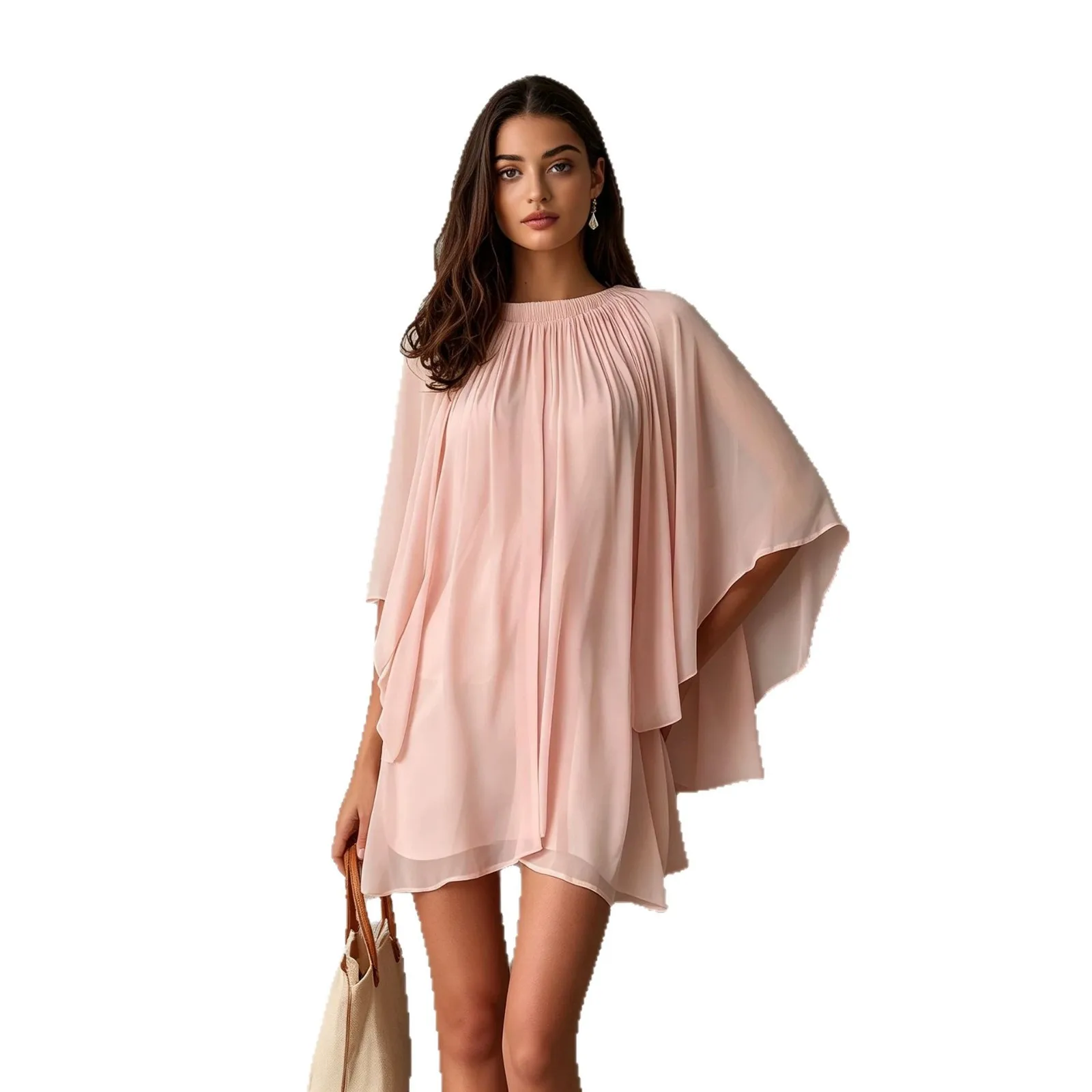 Loose Bat Sleeve Chiffon Lined Shawl Top Elegant Casual Ladies Dress