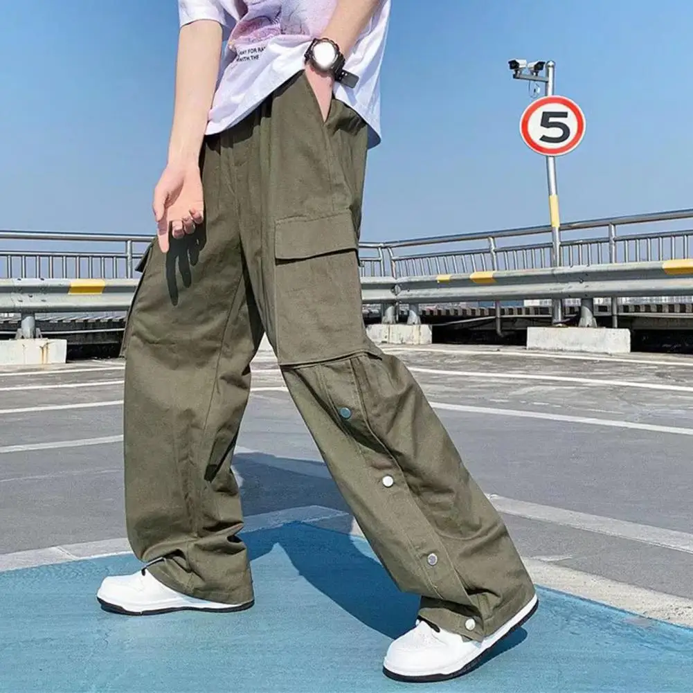 

Men Clothing 2022 New Men Cotton Cargo Pants Wide Leg Solid Color Large Pockets Bottoms Loose Breasted Trousers for Running