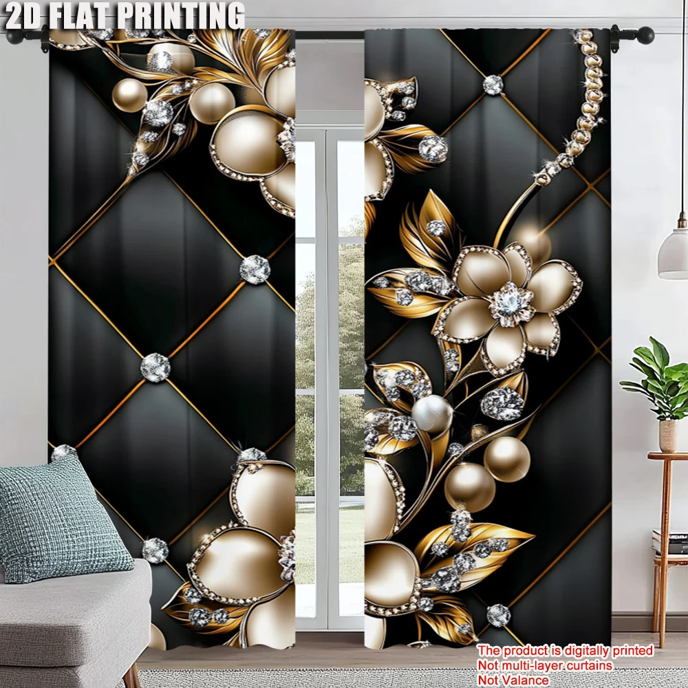 

2Pcs Elegant Diamond Pattern Polyester Curtains With Floral Accents Machine Washable Light-Filtering Rod Hole Hanging