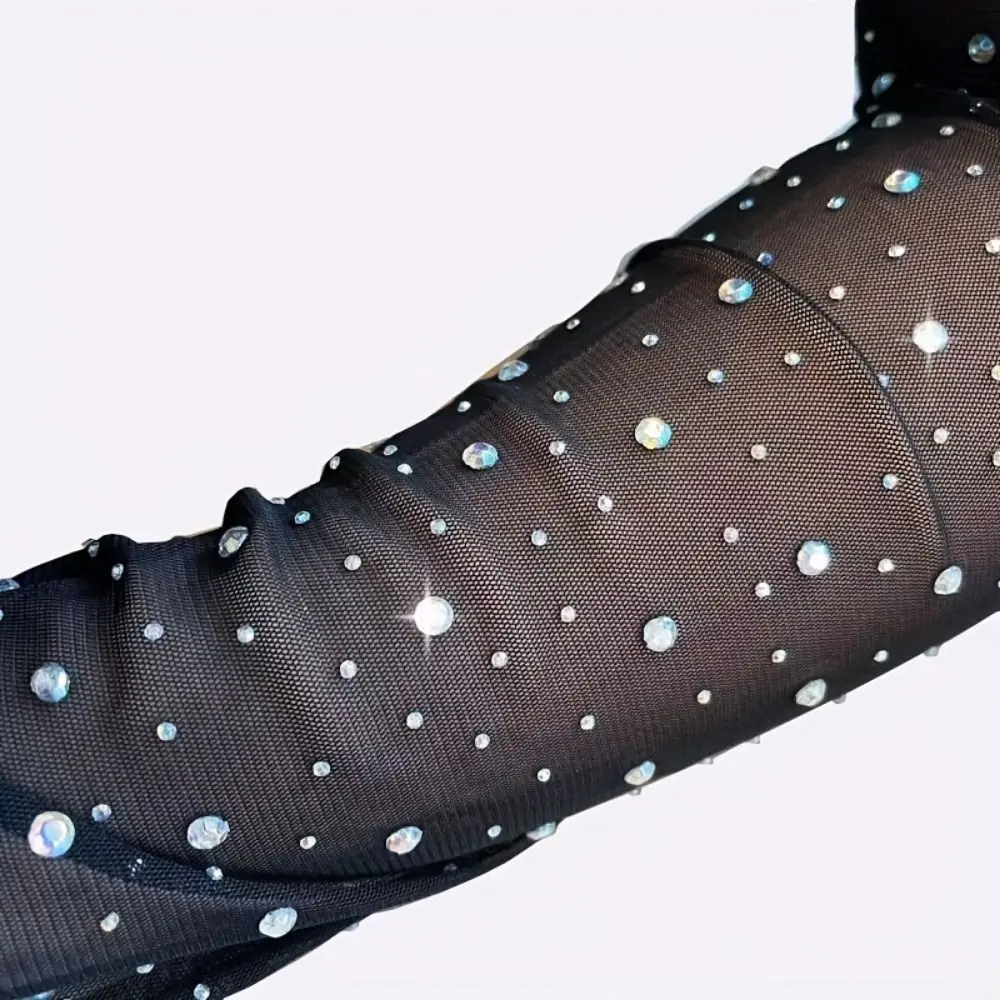 Elegance Shiny Rhinestone Mesh Gloves Mesh 42cm Glitter Long Gloves Sheer Elasticity Fingerless Gloves Dancing Prom