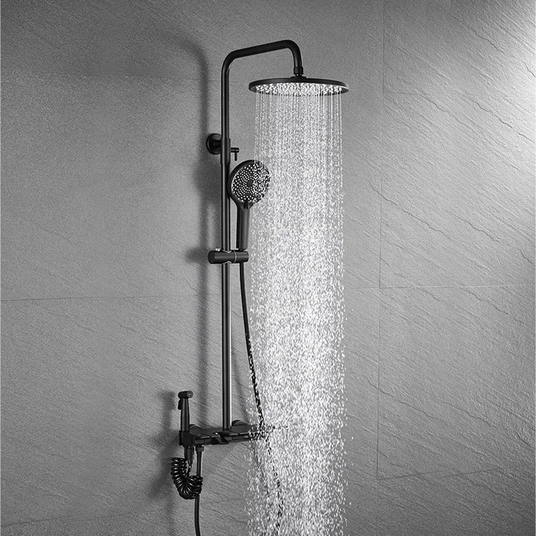 Modern Multifunction Bathroom Showers Black Brass Shower Mixer System Piano Round Hot Cold Rainfall Shower Set For Home Hotel