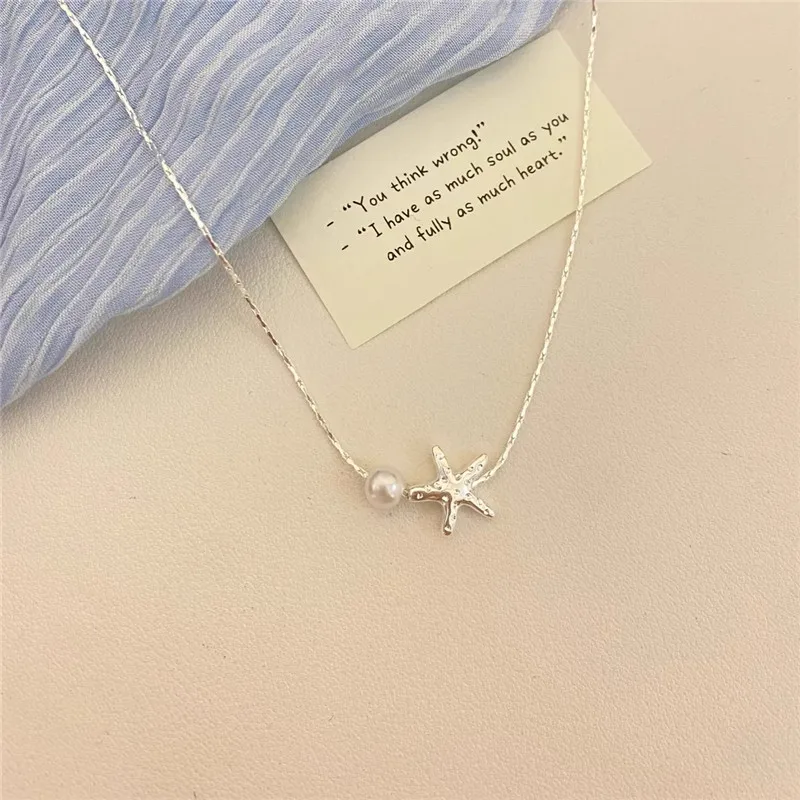 Vintage Silvery Color Starfish Pearl Pendant Necklace Women Girls Exquisite Simple Star Clavicle Chain Necklace Party Jewelry