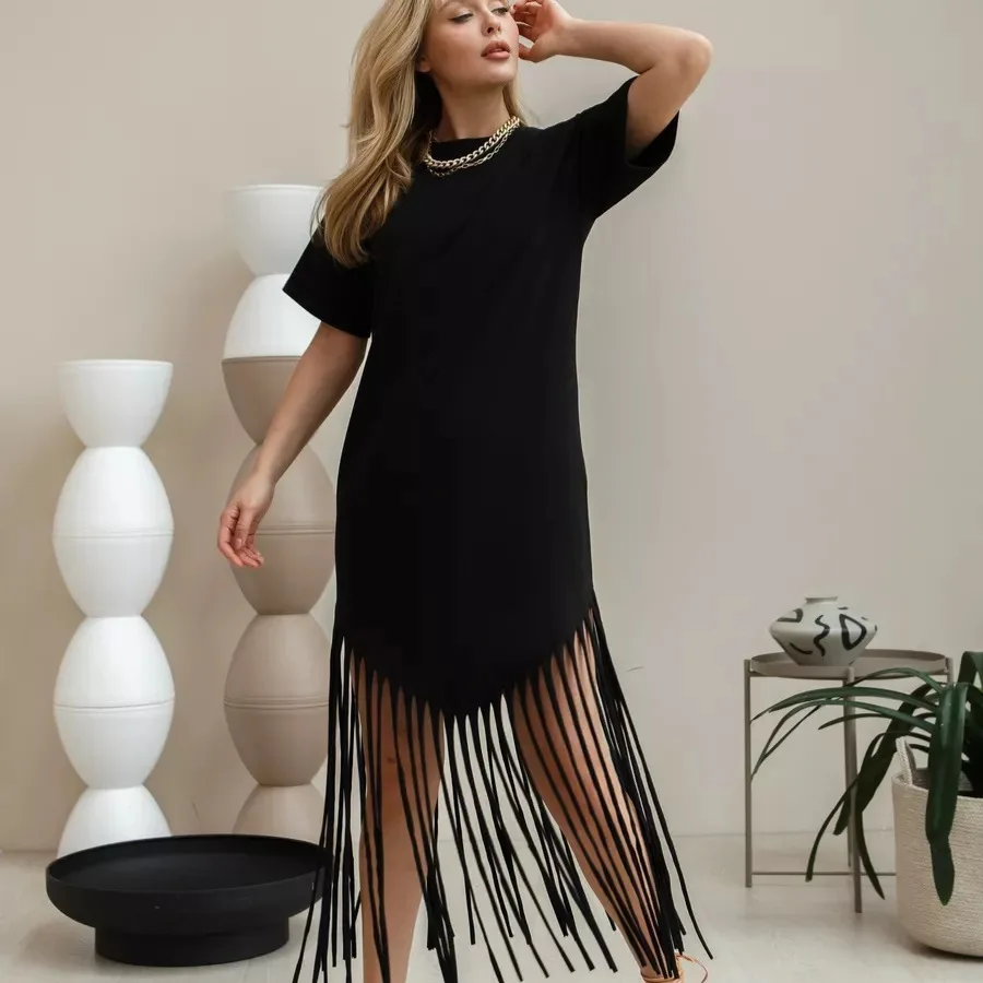 タッセルドレス レディース ルーズTシャツ ロングスカート ワンピース パーティードレス 女性用 新作ワンピース Y2Kファッション フリンジ付きドレス