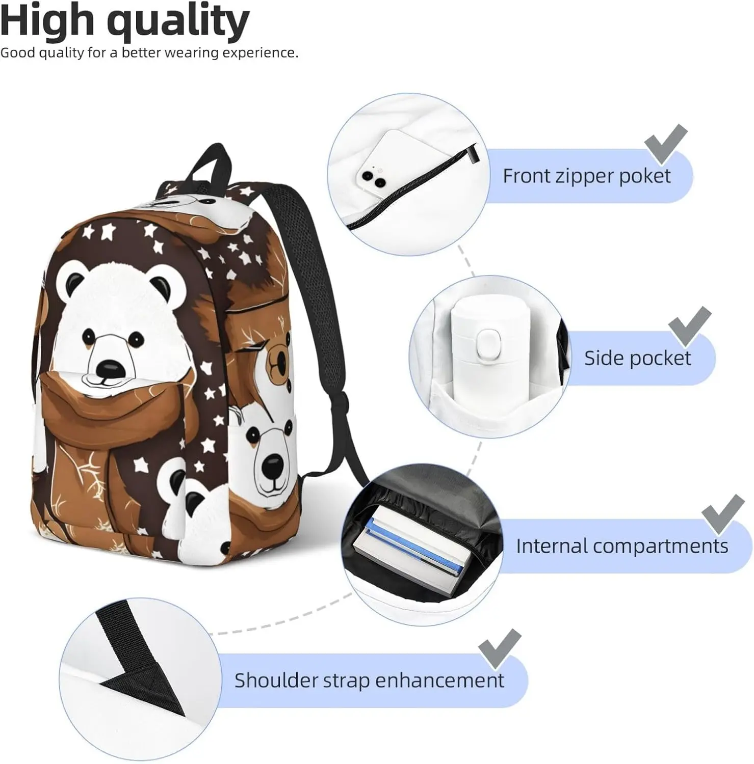 White bear brown bear Fashionable and lightweight canvas backpack, fit for casual travel, easy to carry your life