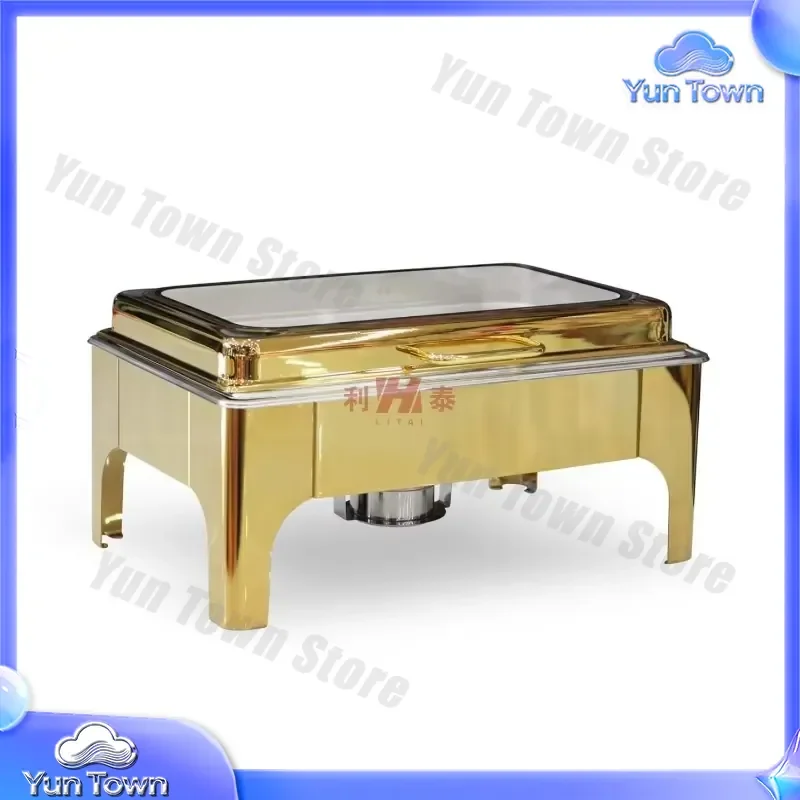 9L Gold Rectangular Food Warmer for Stainless Steel Hot Pot with Flip Top and Visible Glass Cover for Restaurant Commercial
