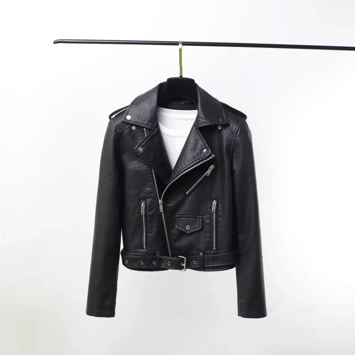 Spring Autumn Women Pu Faux Leather Moto Jacket Short Lapel Motorcycle Jacket with Belt Red Wine Girls Coat Streetwear Big Size