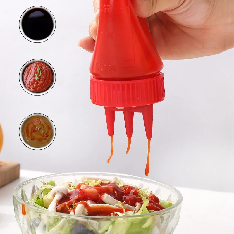 JJTHNCR Three-hole squeeze sauce bottle Practical PE material condiment ketchup salad sauce container kitchen tool