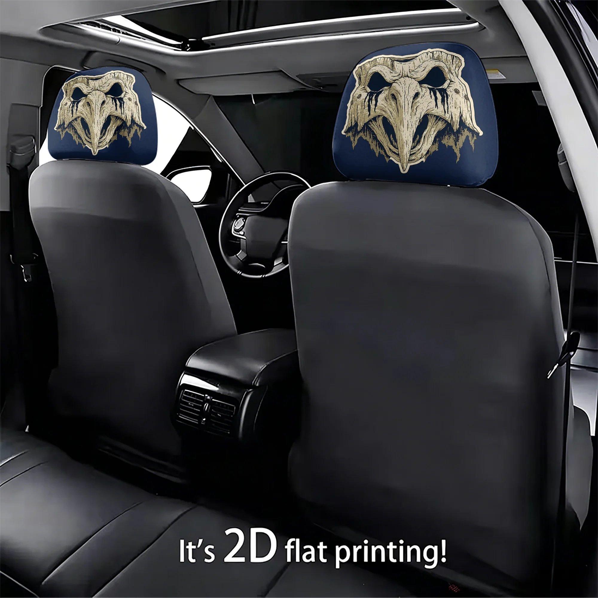 2pcs car headrest covers featuring plague doctor mask designs, adding a gothic vibe to your car’s interior. Does not include fil