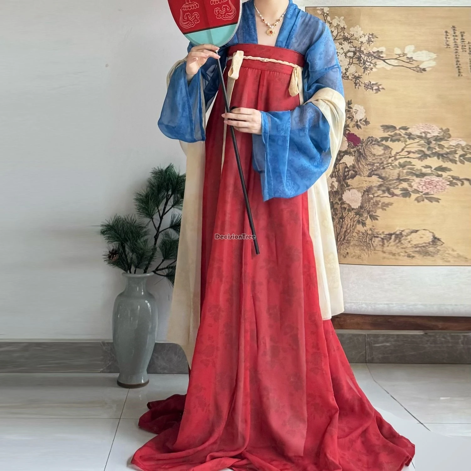 

2025chinese traditional ancient tang dynasty recovery style women hanfu set big sleeve top high waist long skirt loose hanfu set