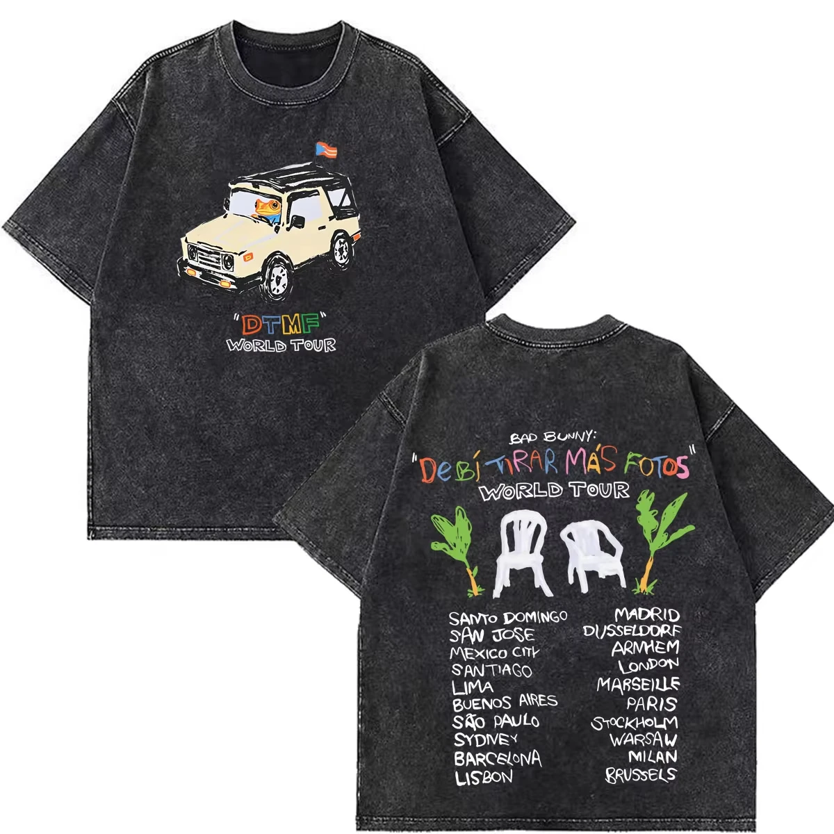 Rapper Bad Bunny Debi Tirar Mas Fotos DTMF World Tour T-Shirt Men Women Retro Washed Cotton Streetwear Fashion Summer New Tee
