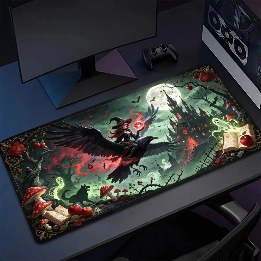 Witch Crow Moon Castle Desk Mat Smooth Cloth Surface Non Slip Rubber Base Precision Tracking For Home Dorm