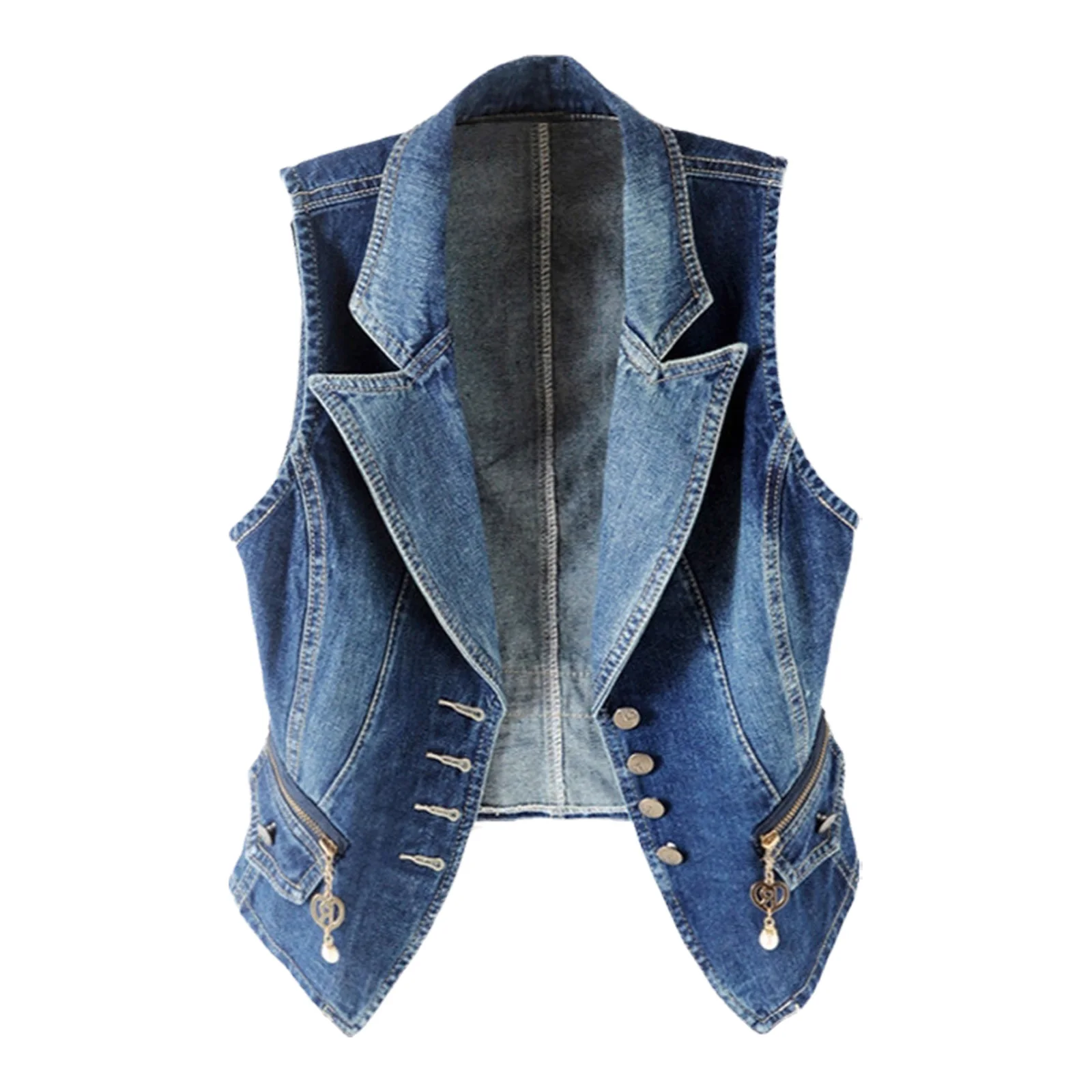 

Womens Stylish Denim Tank Top Notch Lapel Sleeveless Front Button-down Slim Jean Vest Cardigan Waistcoat for Daily Out Hiking