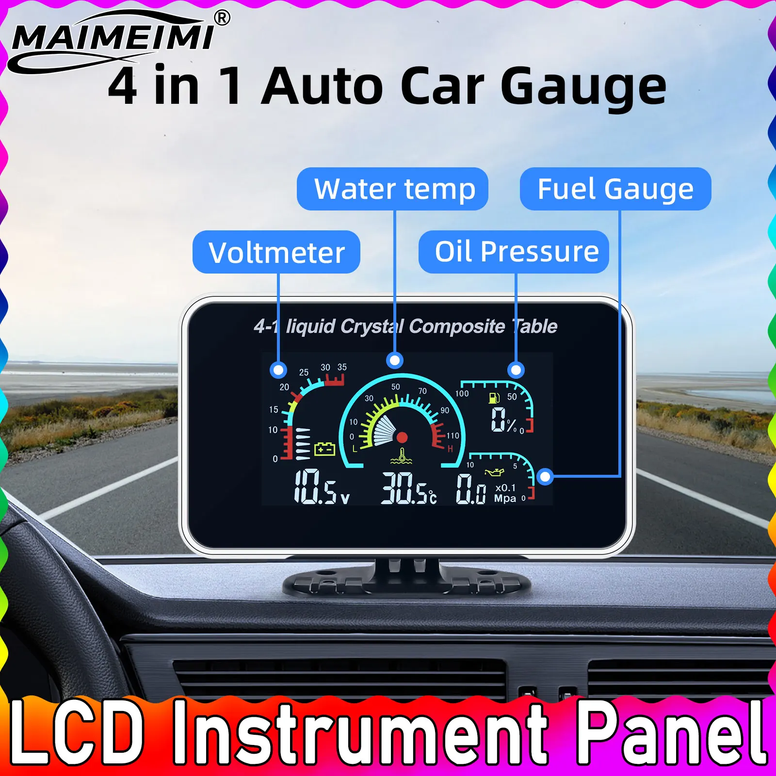 

4 In 1 LCD Oil Pressure Voltmeter Volt Water Temperature Fuel Gauge Temperature Sensor Voltmeter 12v/24v Excavator Truck Car