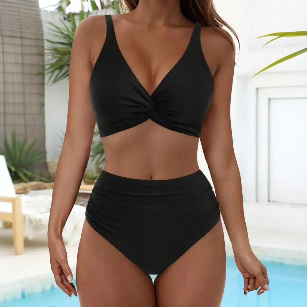 

Comfortable Swimwear 2pcs Women Bikini Set High Waist Swimwear with V-neck Bra Front Twist Design Quick Drying Fabric Summer