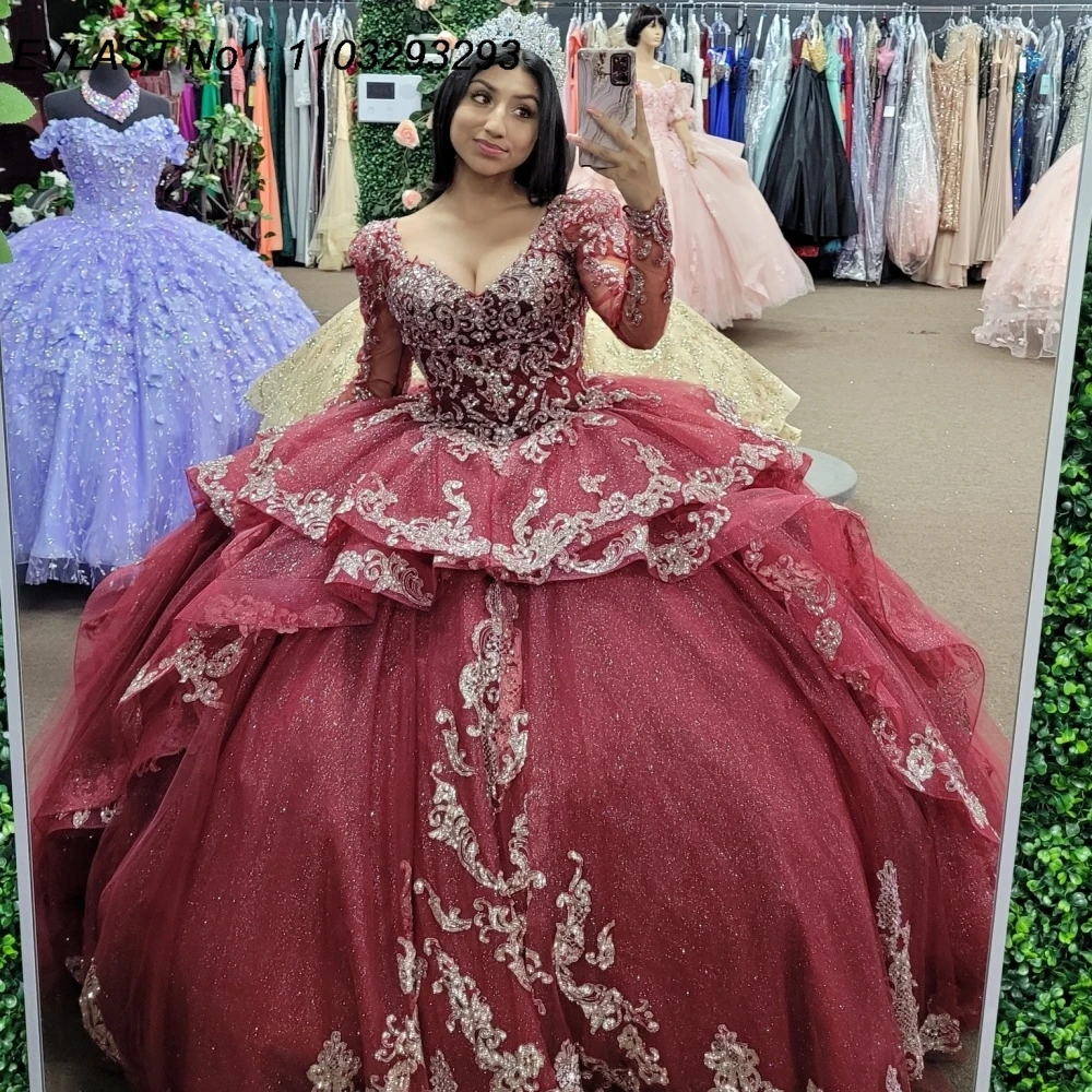 

EVLAST Customized Shiny Red Ball Gown Quinceanera Dress Long Sleeve Lace Applique Beading Sweet 16 Vestidos De 15 Anos E1QN48