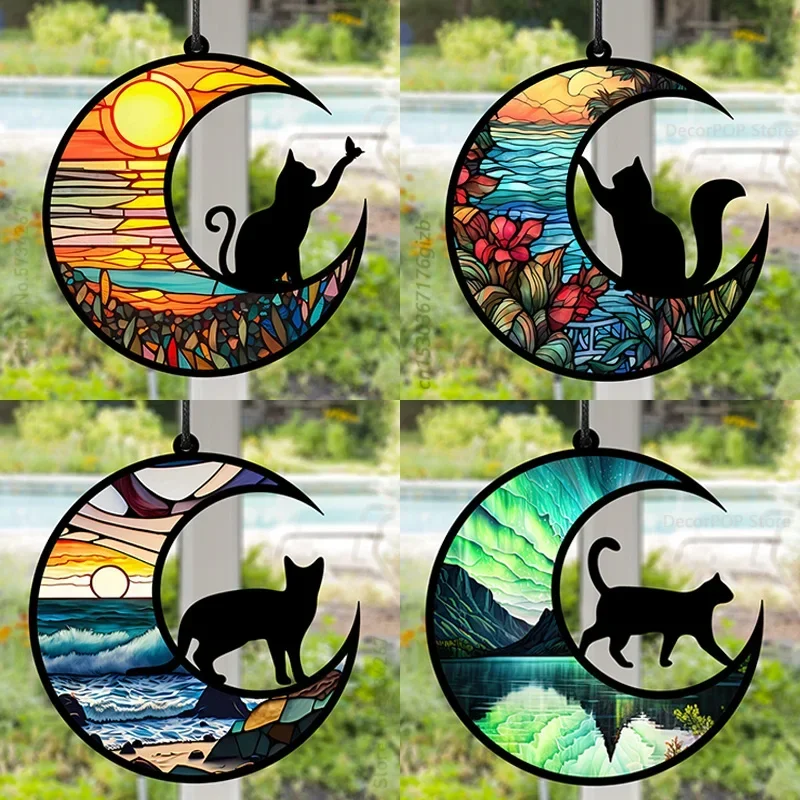 Retro Stained Colorful Acrylic Hanging Decoration Cat on Moon Landscape Tropical Plant Sunrise Ocean Home Decor Ornament Gift