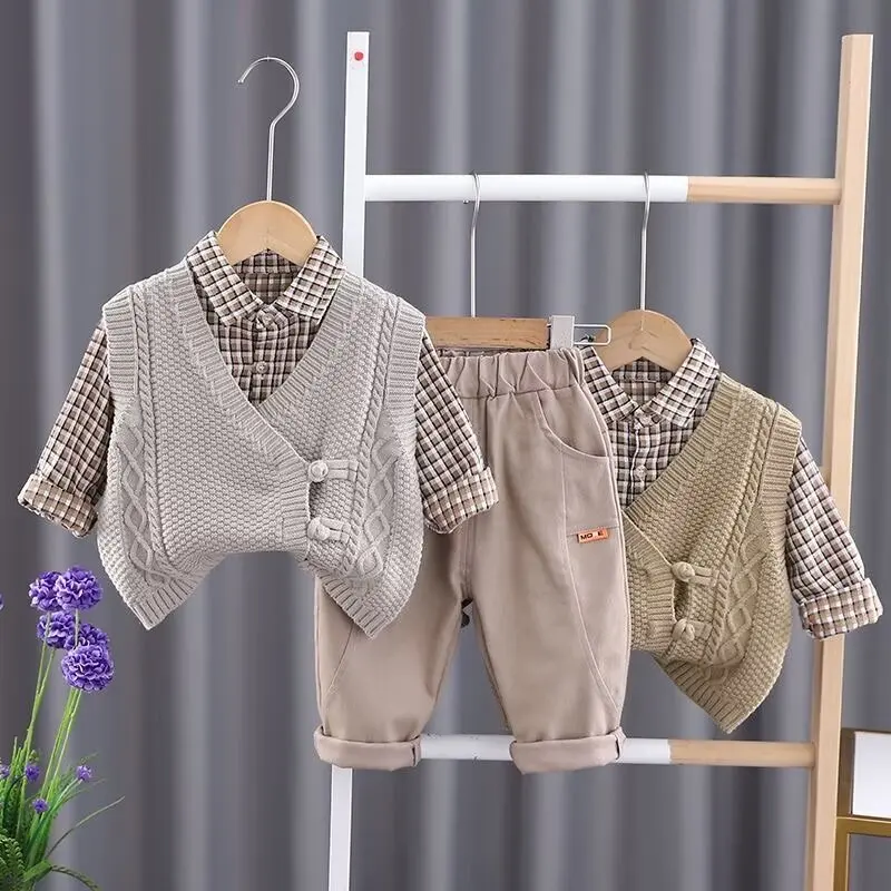 Baby Clothes Suit Casual Clothing Spring/autumn Fashion Baby Boys Three-piece Set Vest+Shirts+Pantss Cool Autumn