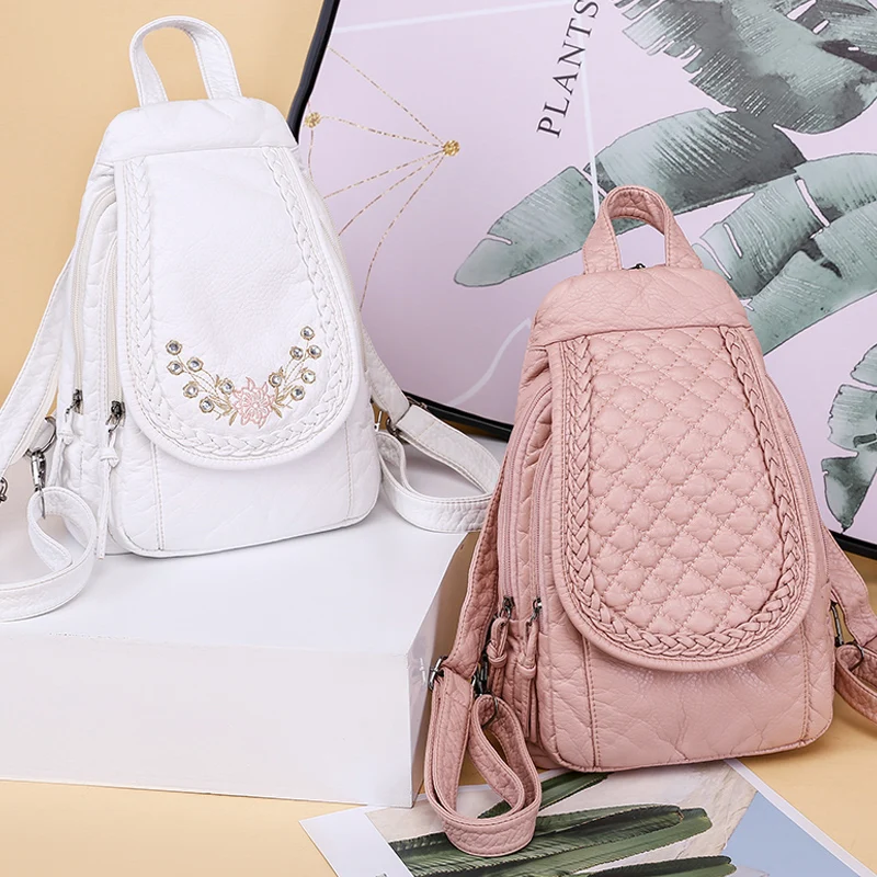 Embroidery Mini Backpacks Women\'s Backpack Cute Flower Pattern Wash PU Leather Ladies Backpack White Shoulder Bags for Girls SAC