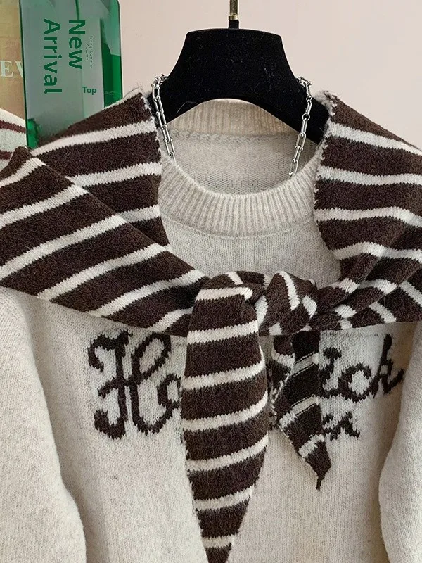 Laid-ba Korean Sle round Ne Striped oulder Wrap Knitted Sweater plus Size Layering Hoodie Casual Loose Fit Long Sve