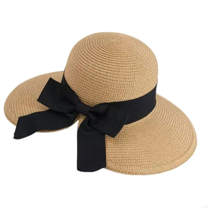 قبعة شمسية من القش الطبيعي ذات حواف واسعة تحجب الشمس، قبعة قابلة للطي مع عقدة فيونكة