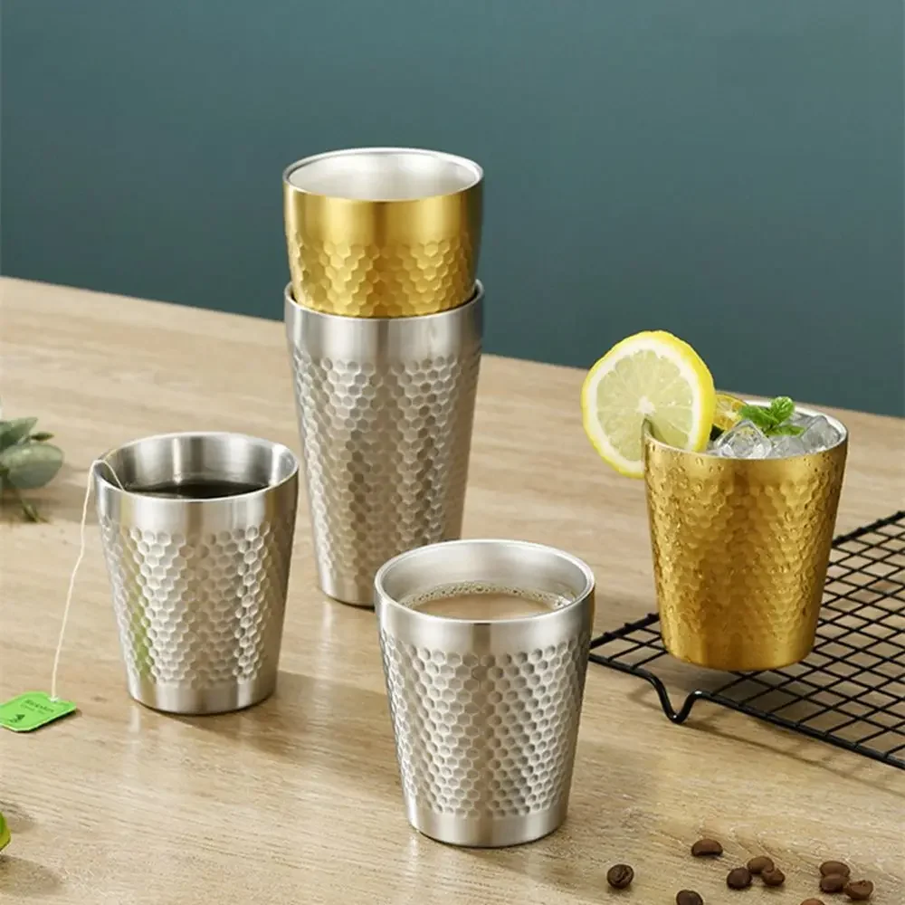 Double-Wall Keep Cold Beer Cup 304 Stainless Steel Mug Hammered Texture Water Mugs Coffee Travel Mug Anti-scalding Anti-fall