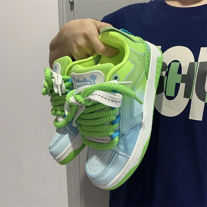 Two-tone Matching Board Shoes Students Casual Thick Sole Design Sneakers Patchwork Sports Flat Shoes Pink Green Random Color