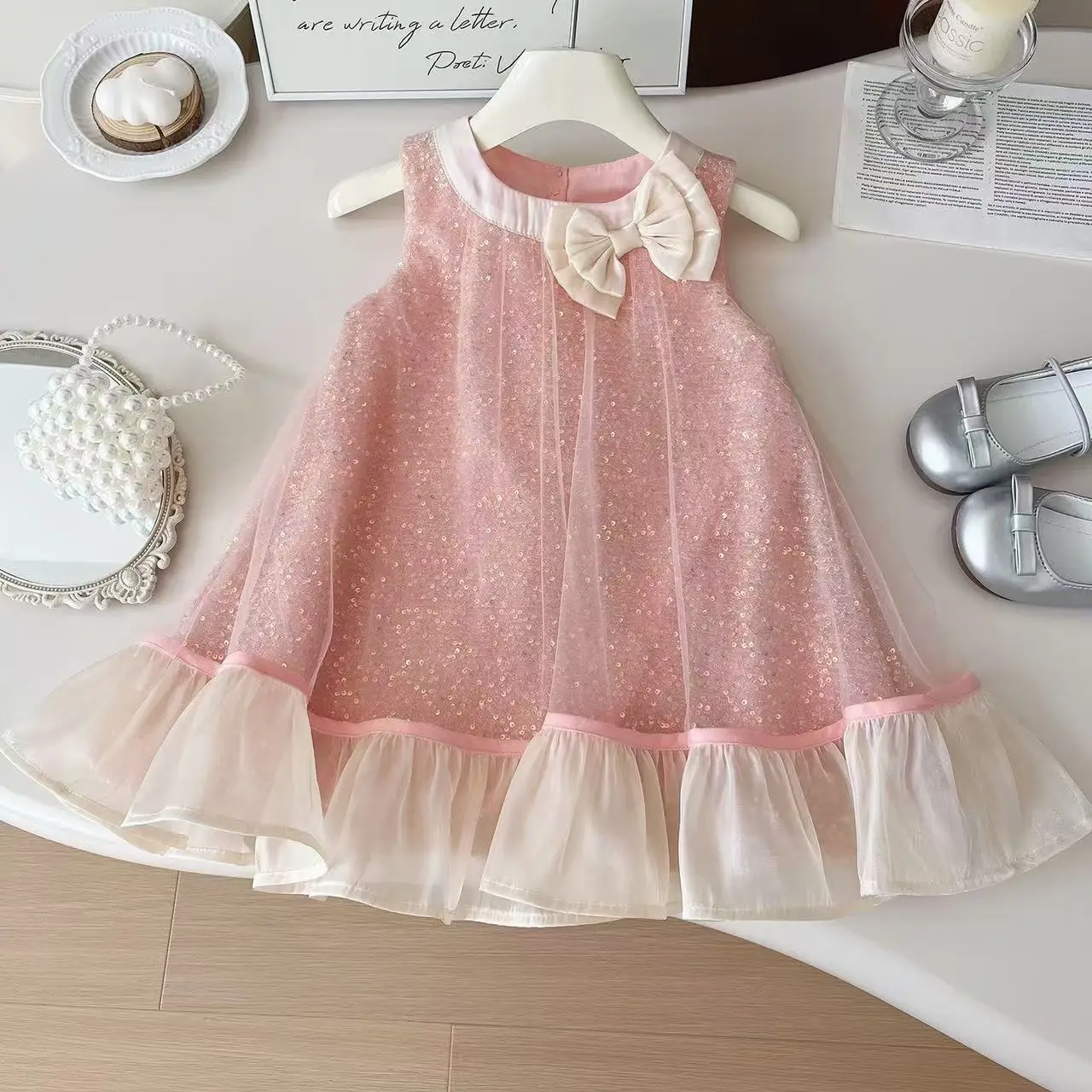 

2025 Summer New1-8Y Girls Sleeveless Bow Mesh Dress Girls Cute Temperament Princess Dress 90-140cm