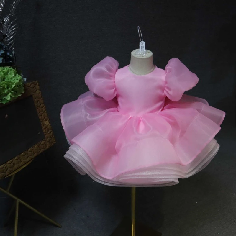 2026 New Pink Flower Girl Princess Dress First Birthday Party Piano Recital Outfit Sheer Puffy Pageant Formal Celebration Gown