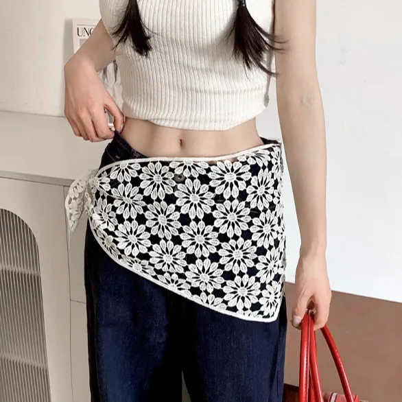 Korean Hollow Flower Triangle Scarf Waist Hip Wrap Lace Trim Fart Curtain Hollow-Out Waist Decoration Mini Skirt Y2K Hip Curtain
