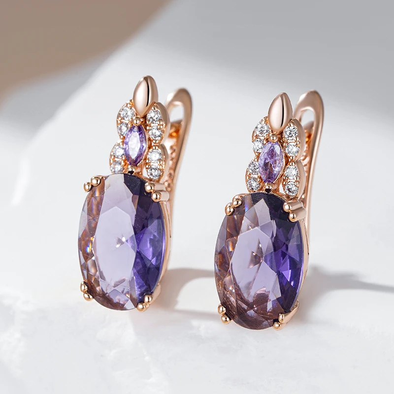 Kinel Sparkling Purple Oval Natural Zircon English Earrings for Women Fashion 585 Rose Gold Color Vintage Party Daily Jewelry