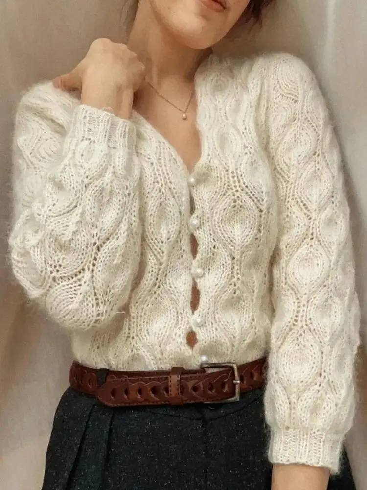 Maheimao women's cardigan, milky white knitted sweater, handcrafted knitted jacket, slim fit, socialite style, pure handmade new