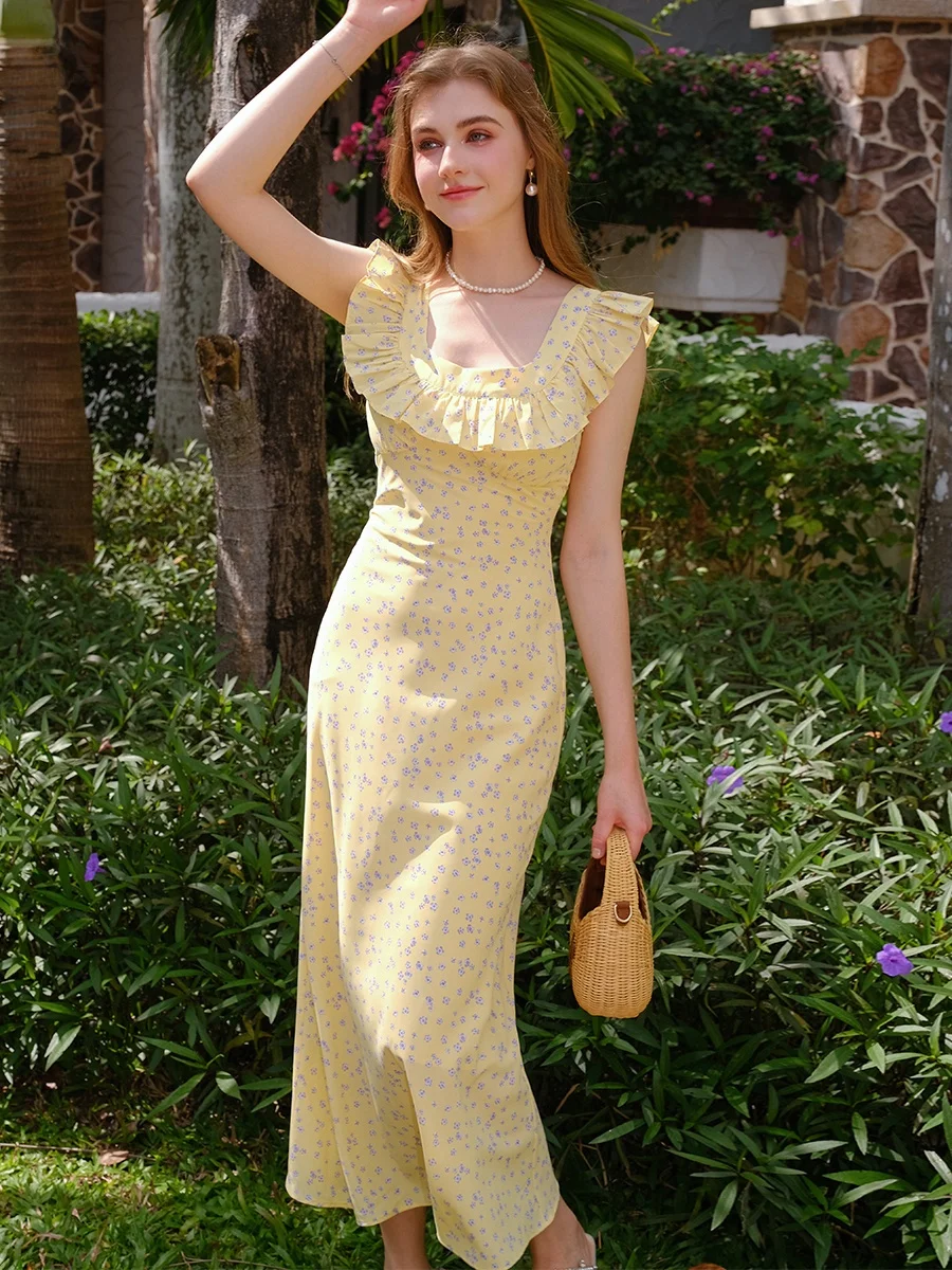 夏の新作花柄プリントレディースドクターイエロースカート、ウエストシェイプ、大きなレースデザイン、ビーチ、バケーション、ハイウエスト、ポリエステル素材