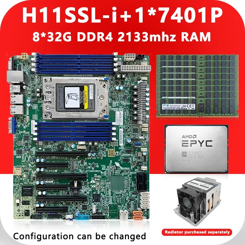 H11SSL-i  Motherboards +1*EPYC 7401P CPU 24C/48T 155w + 8* 32GB=256GB RAM DDR4 2133mhz RECC Memory 7401P Processor FOR H11SSL i