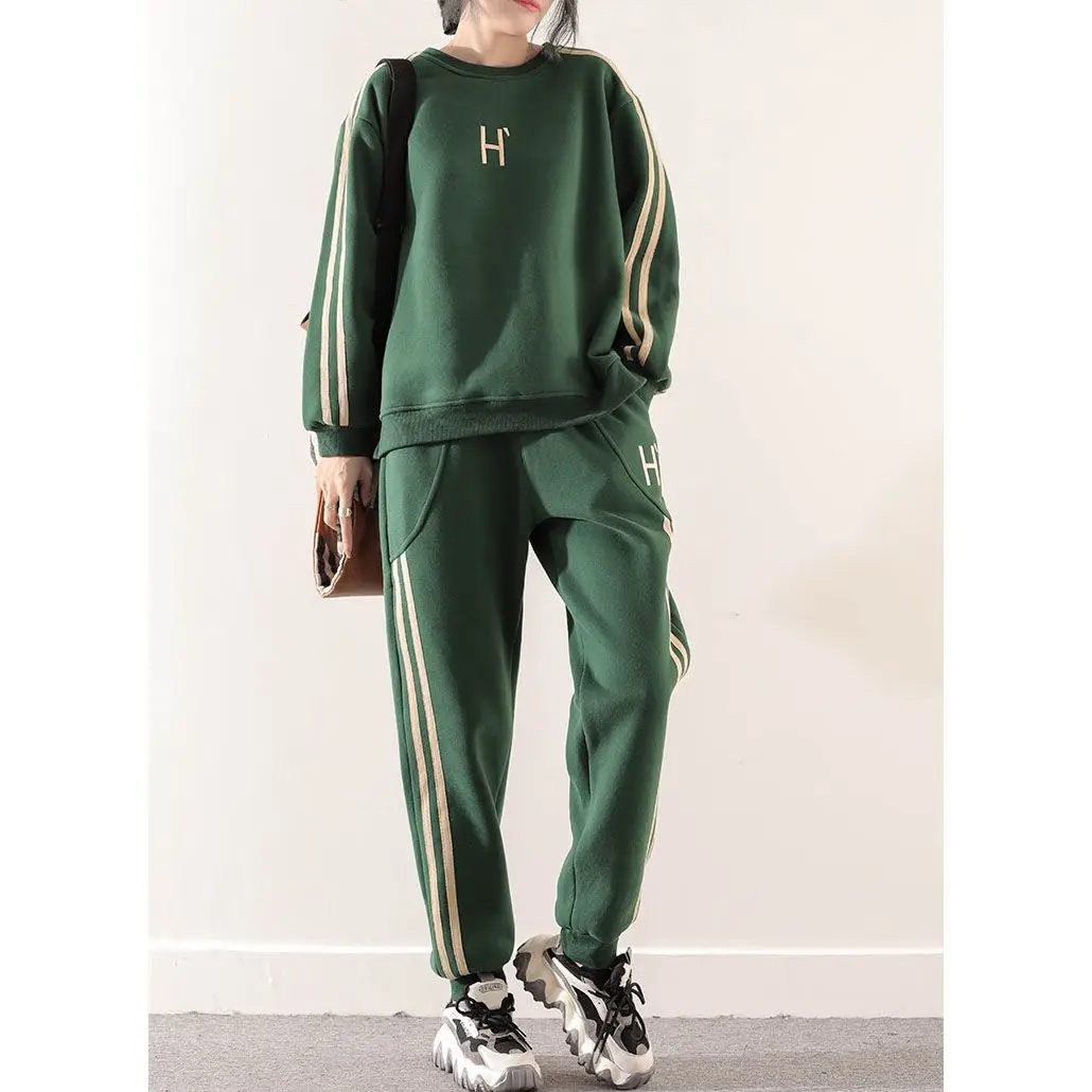 Autumn and Winter New Embroidered Striped Commuter Versatile Style Age Reducing Loose and Casual Two Piece Set
