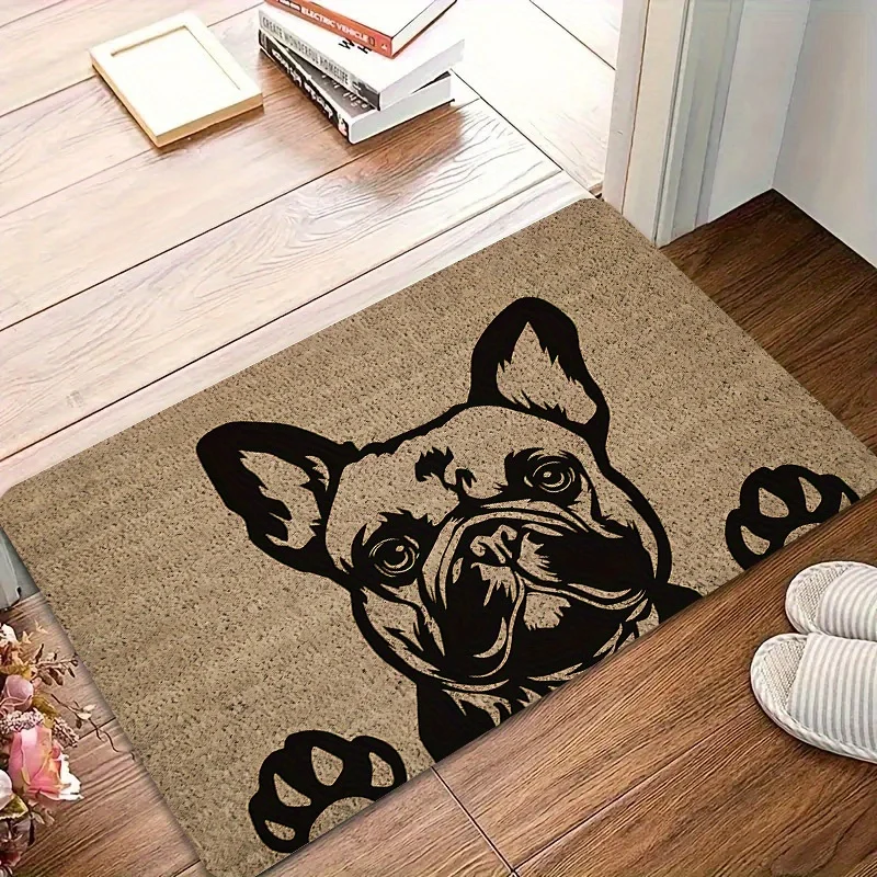 1pc Modern French Bulldog Outdoor Doormat, Flannel Material, Urban Visual Symbols, Upright-eared Front Paw Configuration Design Feature, Single Emblem Base Core Image